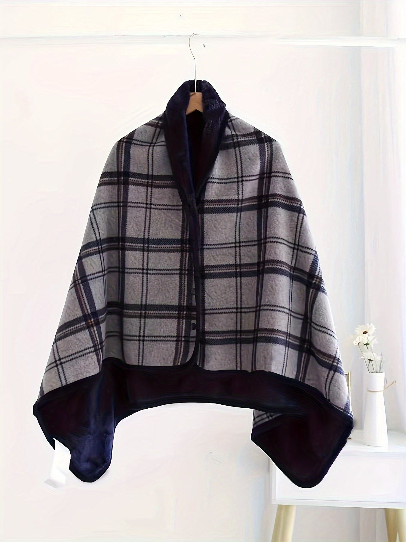 Plaid Woven Polyester Sleeveless Shawl Blanket V-Neck Button Casual Autumn Winter