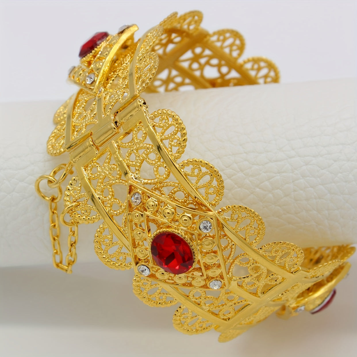 Women’s Gold Plated Hollow-Out Cuff Bracelet with Cubic Zirconia Adjustable