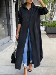 Plus Size Women's Solid Button Front Shirt Dress for Spring and Fall