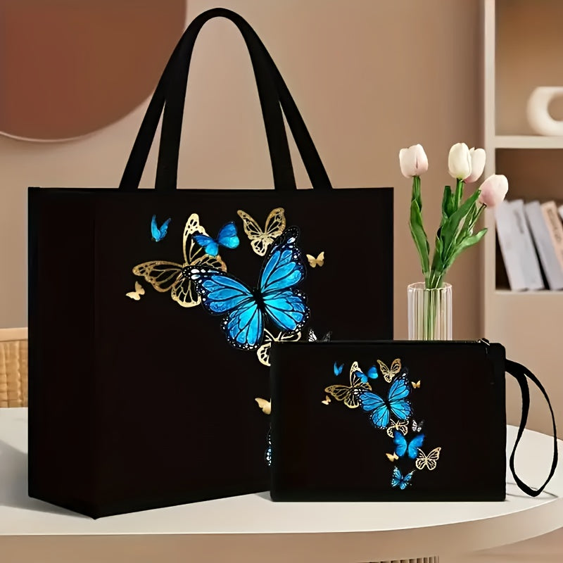 Handbag and Wallet Set with Butterfly and Floral Print Durable Shoulder Strap Magnetic Closure
