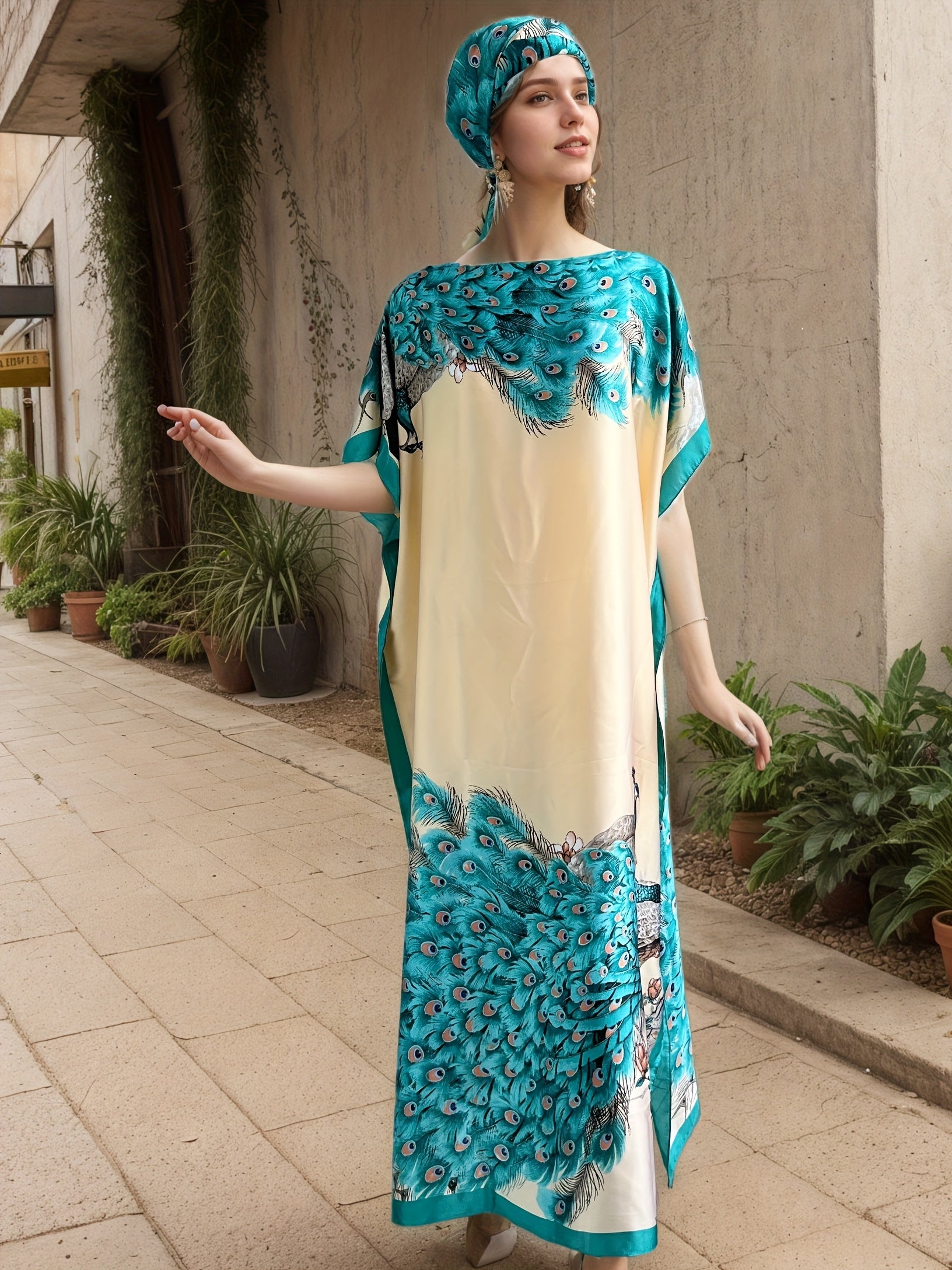 Plus Size Women's Peacock Print Maxi Dress with Scarf, Blue Beige All-Season Casual