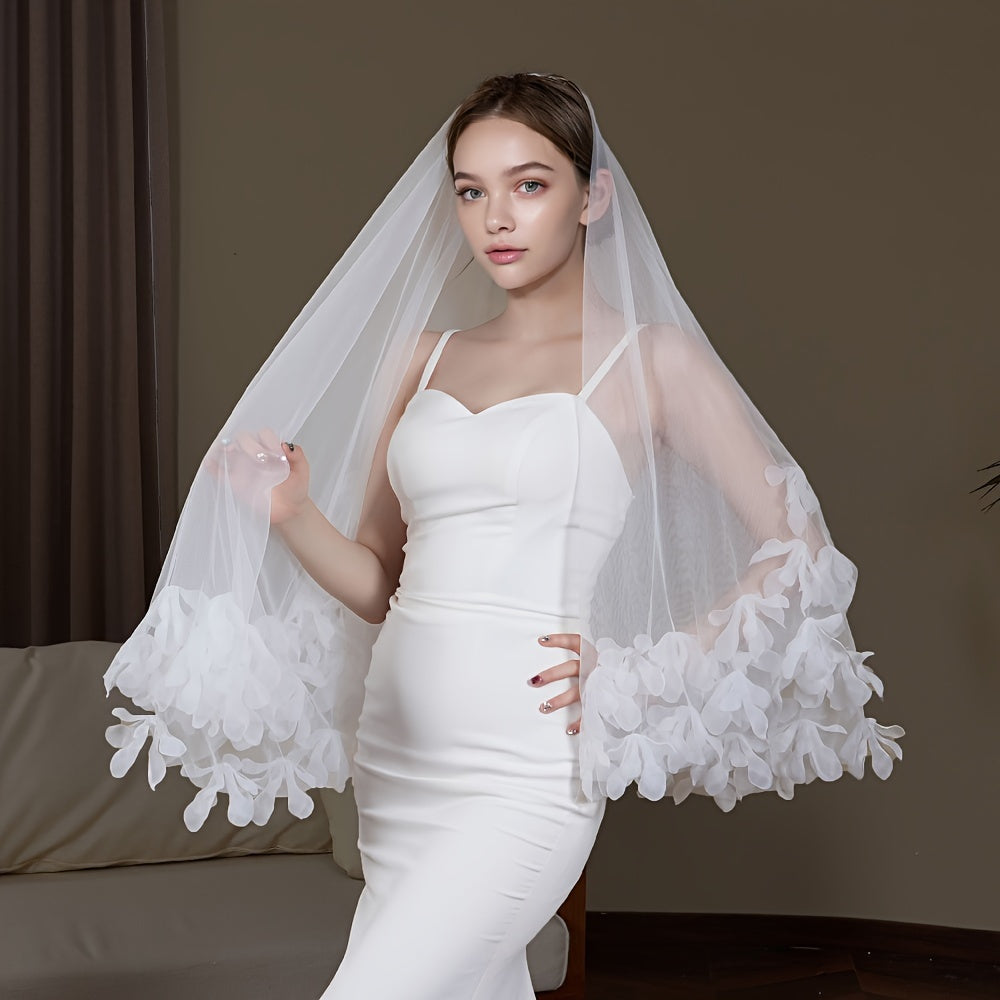 Handcrafted Bridal Veil with Floral Embroidery and Yarn Headpiece for Weddings