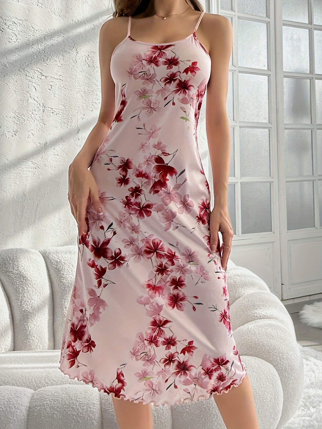 Floral Print Backless Nightdress with Lettuce Trim for Women