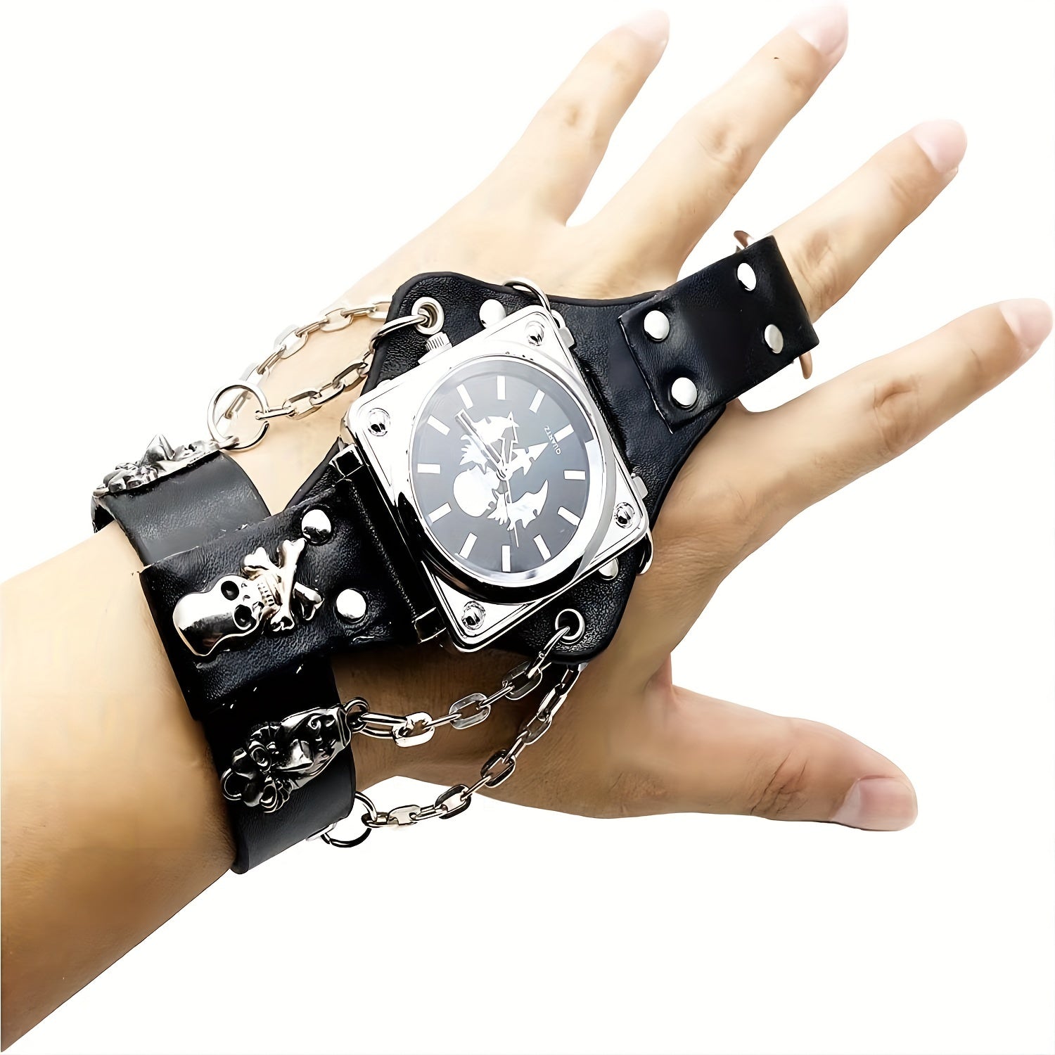 Gothic Punk Anime Skull Square Quartz Watch with Leather Bracelet for Halloween