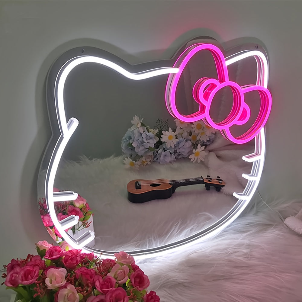 1 dona USB quvvatlangan Hello Kitty multfilm oval LED neon chiroq ko'zgu, turli xonalar uchun dimmable plastik ramka - Yorqin dekor.