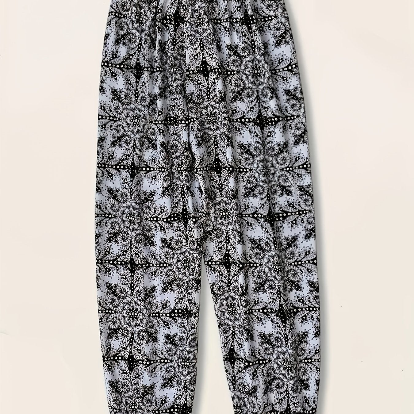 Women's Plus Size Bohemian Print Joggers Black White Tribal Loose Fit Pants