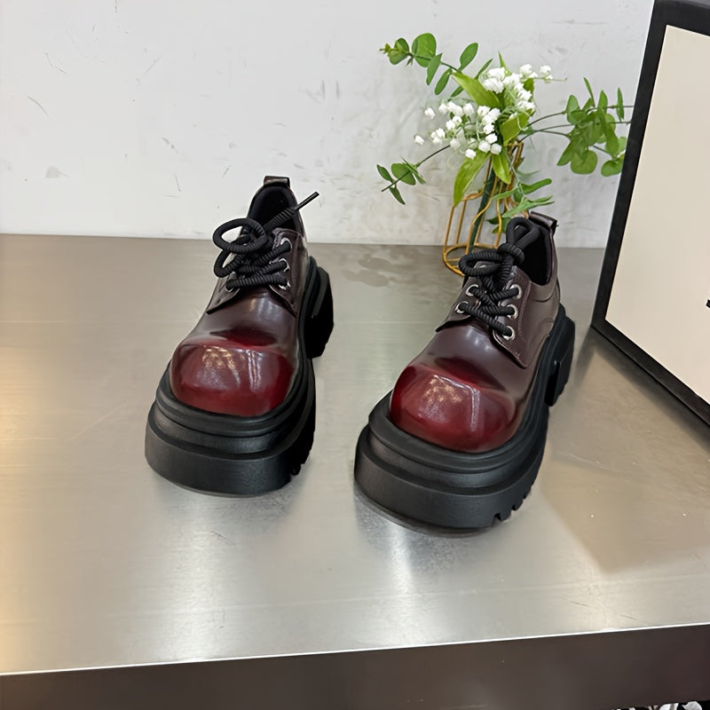Women's Burgundy PU Chunky Shoes Non-Slip Rubber Sole For Formal & Casual
