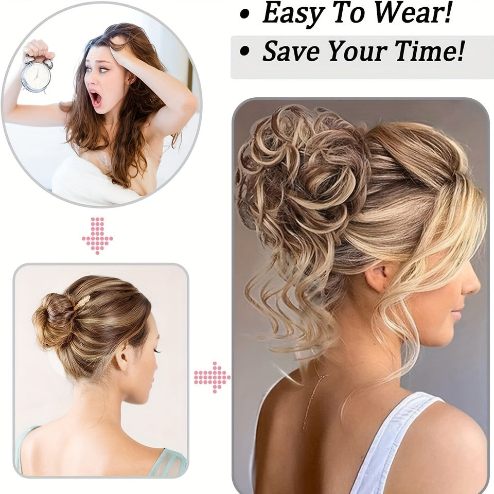 Women's Synthetic Curly Wavy Hair Bun Scrunchie in Dark Brown and Blonde