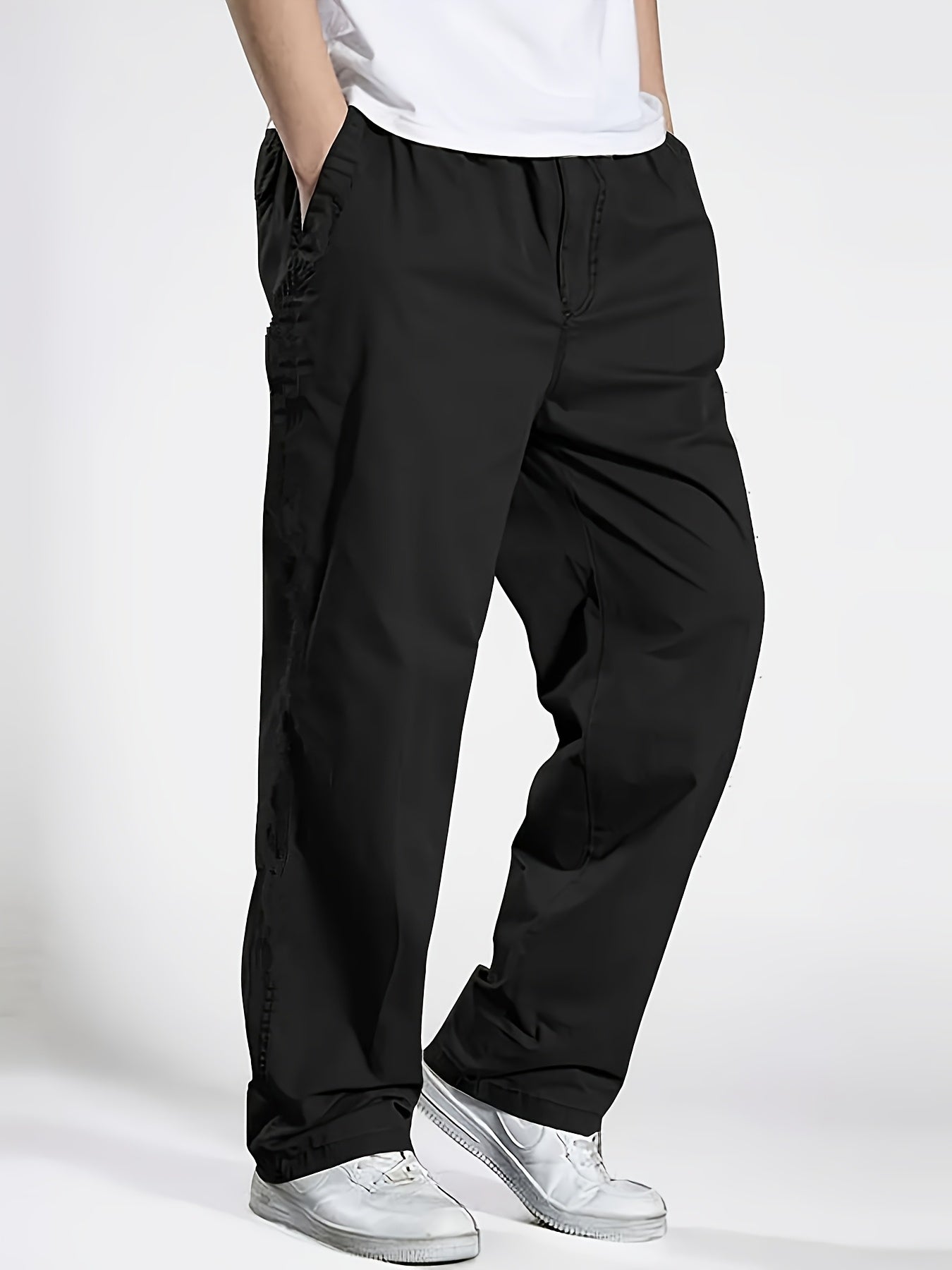 Men's Slim Fit Casual Pants with Pockets, Mid-Rise Drawstring Waist, Breathable Polyester