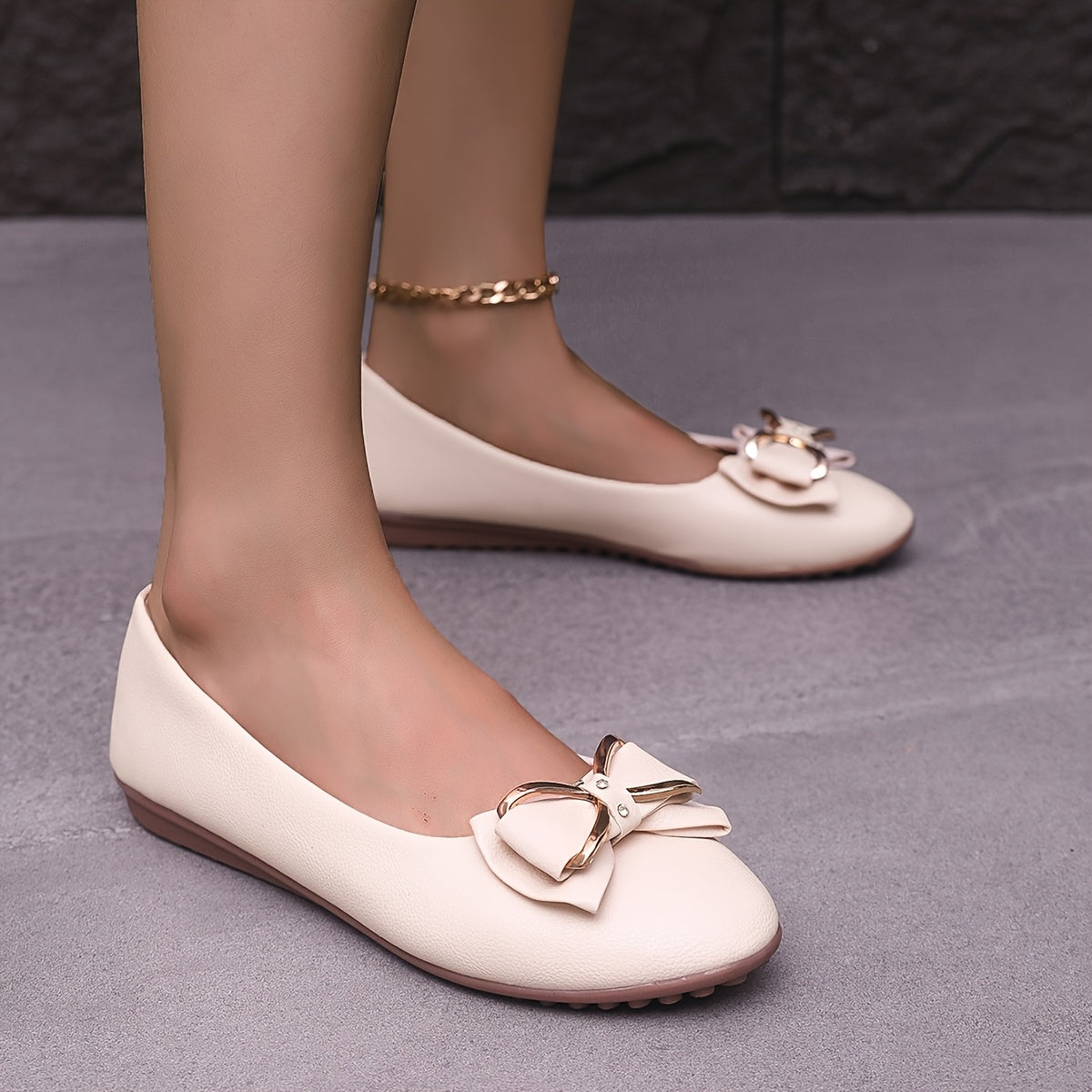 Women's White Ballet Flats with Gold Bow Synthetic Slip-On Casual Shoes