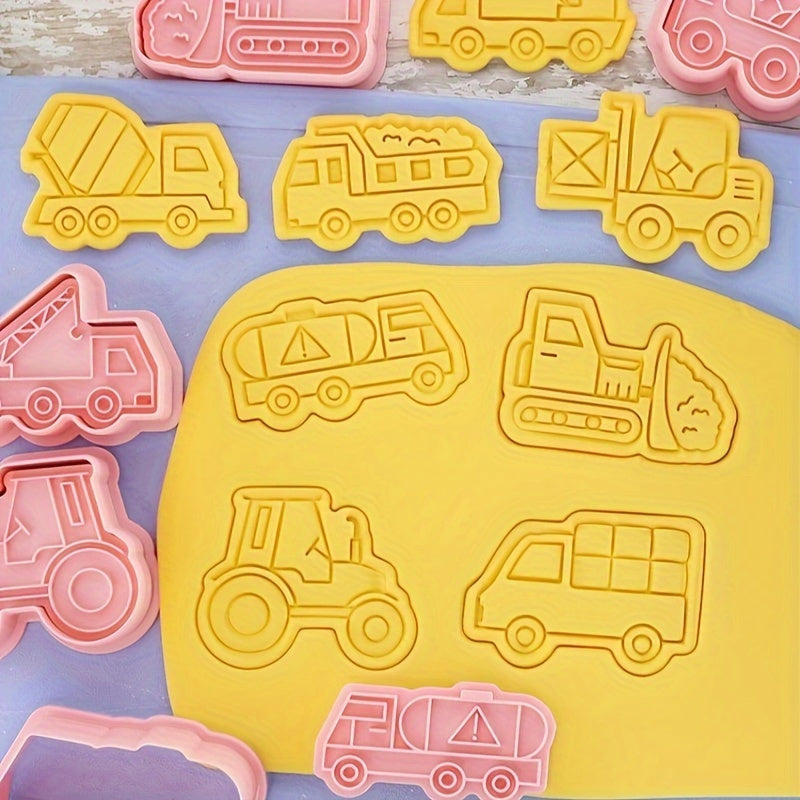 Set of 8 Construction Vehicles Cookie Cutters with Embosser and Baking Tools