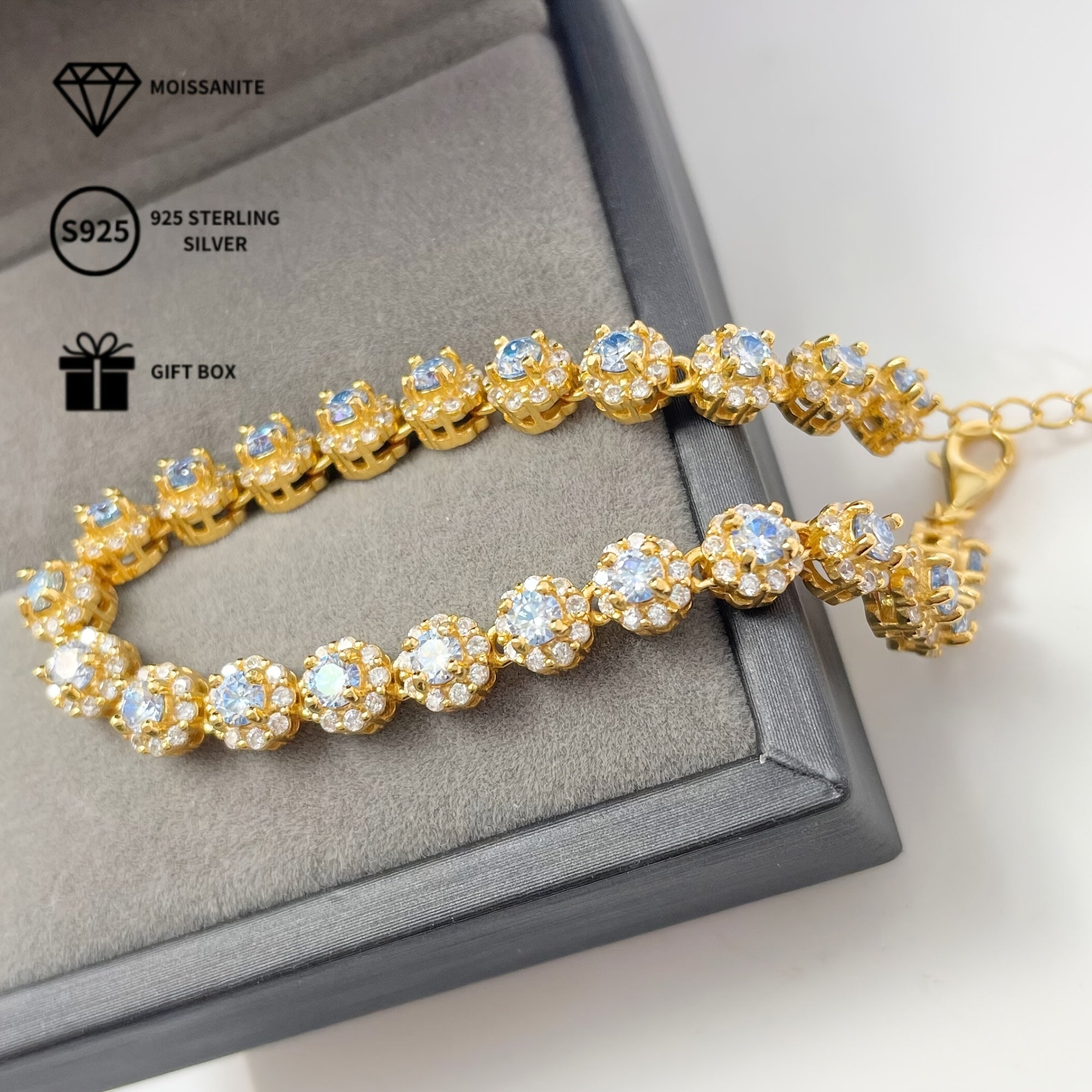 Sterling Silver Bracelet with Blue Moissanite 0.1 Carat for Engagement and Gift