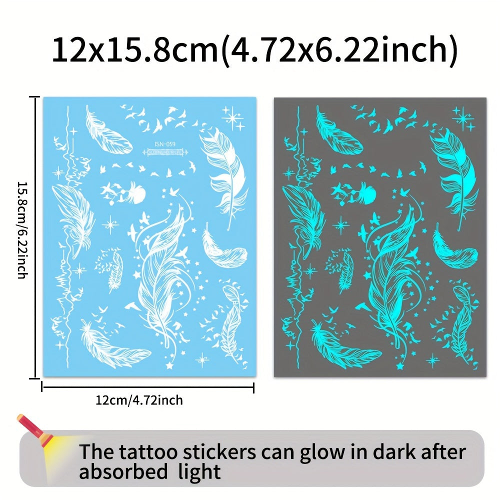 Blue Luminous Feather and Snake Tattoo Stickers for Women and Girls Glow in Dark Fake Body Art