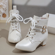 Women's Faux Leather Block Heel Boots with Buckles Zipper Pointed Toe