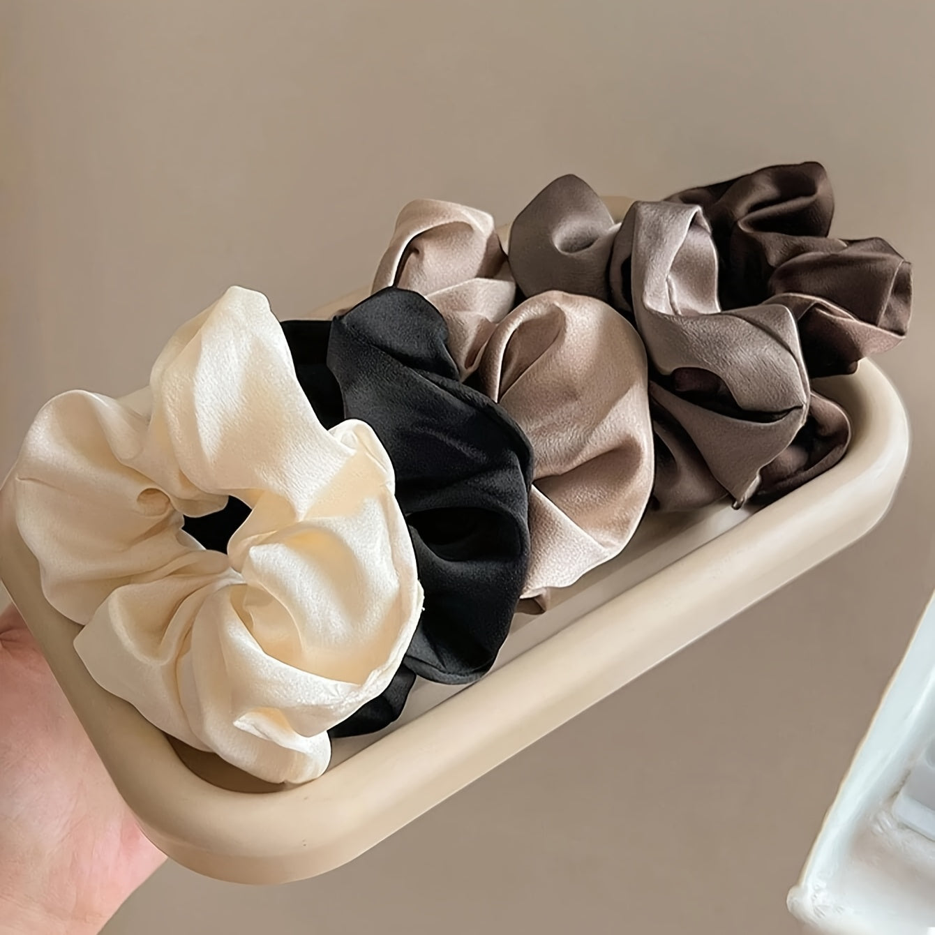 Set of 5 Elegant Fabric Hair Scrunchies in Black White and Brown for All Ages