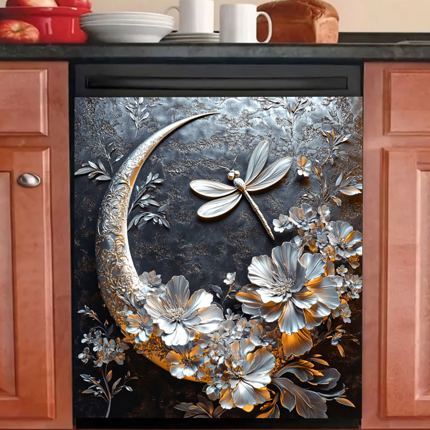 Oltin oy drujba gulchambarli idish yuvish mashinasi magnit qopqog'i suv o'tkazmaydigan issiqqa chidamli PVC stiker 58.5x65 sm oshxona dekoratsiyasi