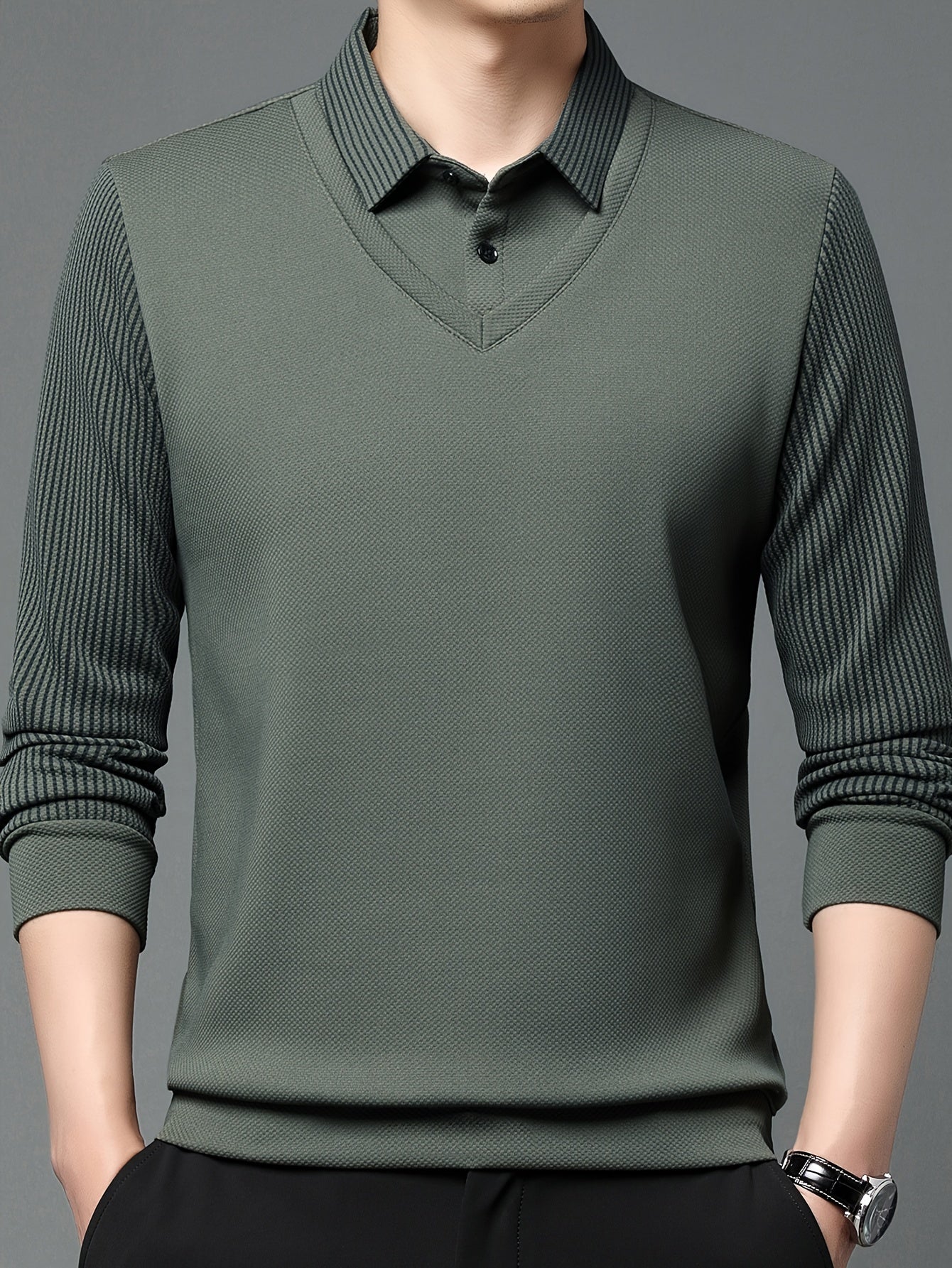 Camisa de manga larga a rayas para hombre de dos tonos, casual, otoño e invierno, poliéster y spandex