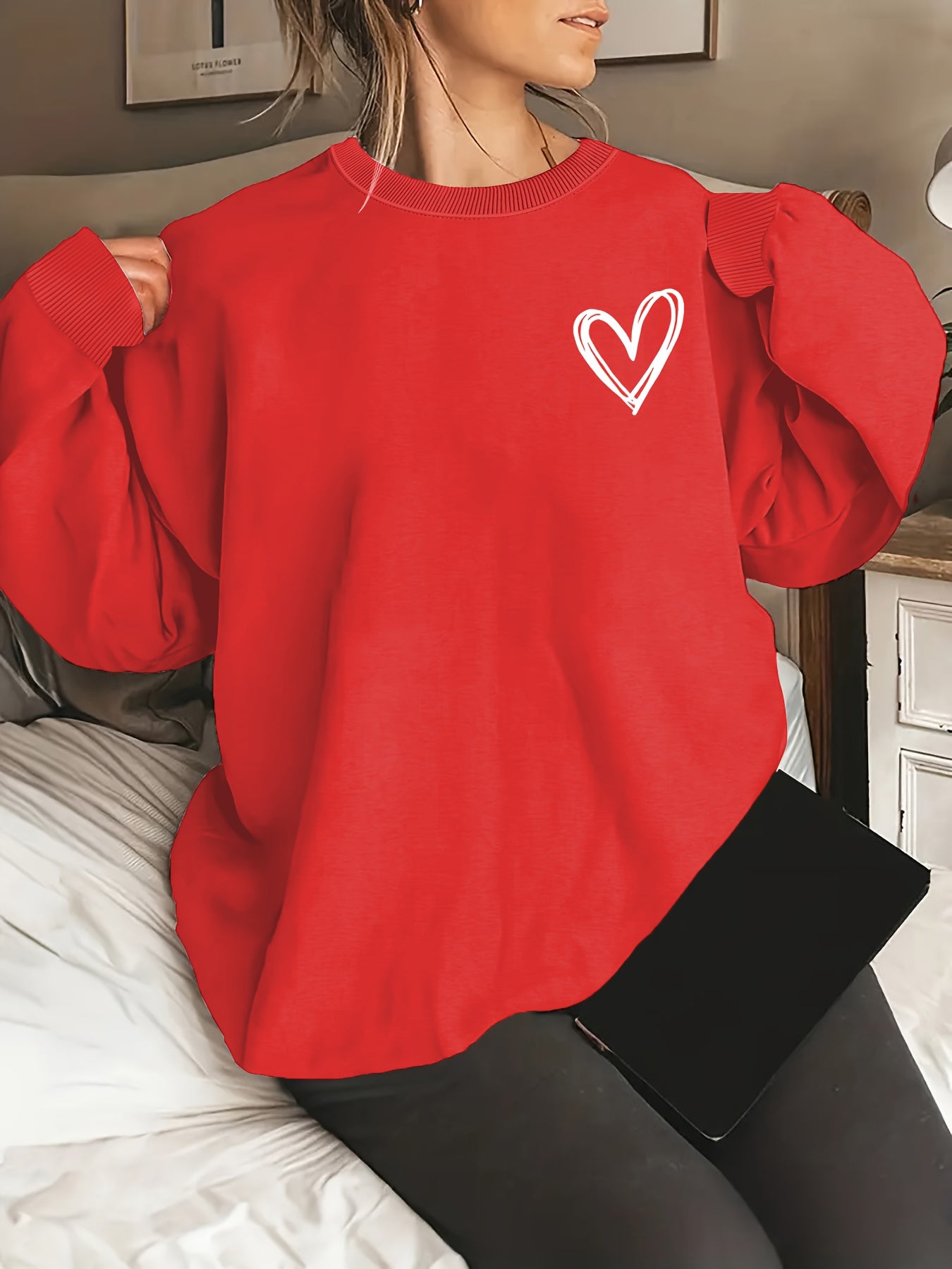 Толстовка оверсайз с принтом сердечек, повседневная, с длинными рукавами, круглый вырез, для женщин