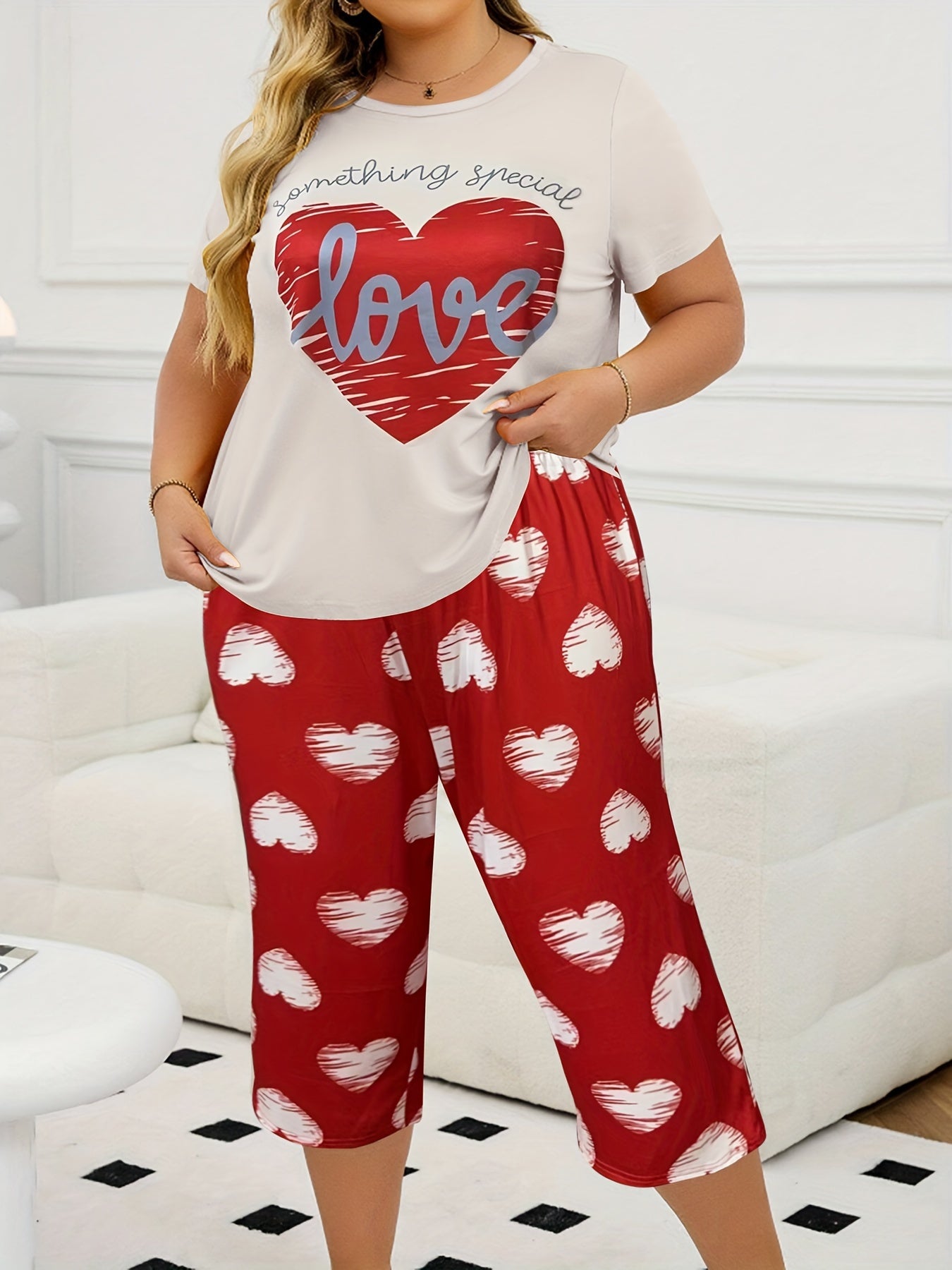 Girls Red Love Print Short Sleeve and Shorts Set