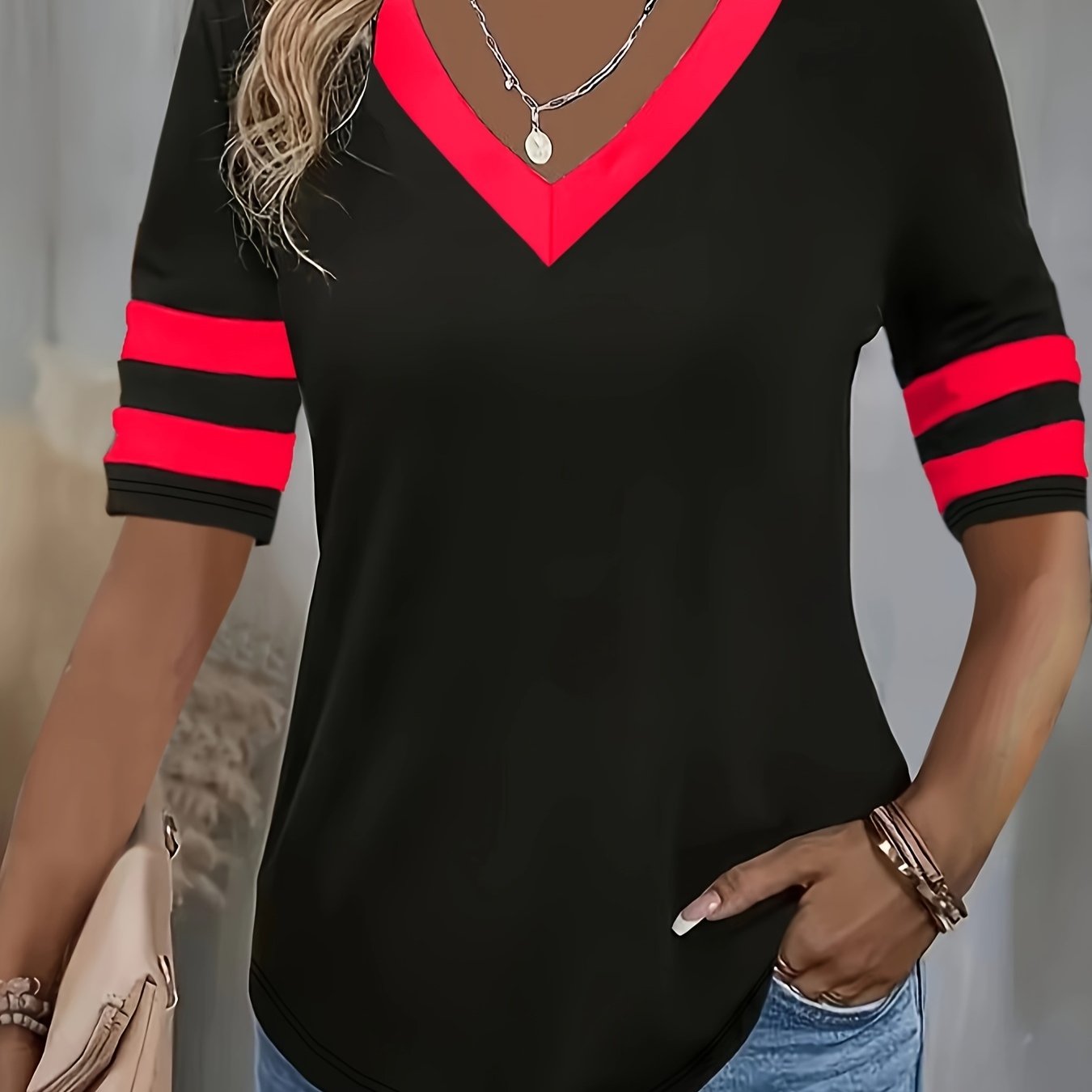 Women's Black V-Neck T-Shirt with Red Accents Stretchy Casual Top