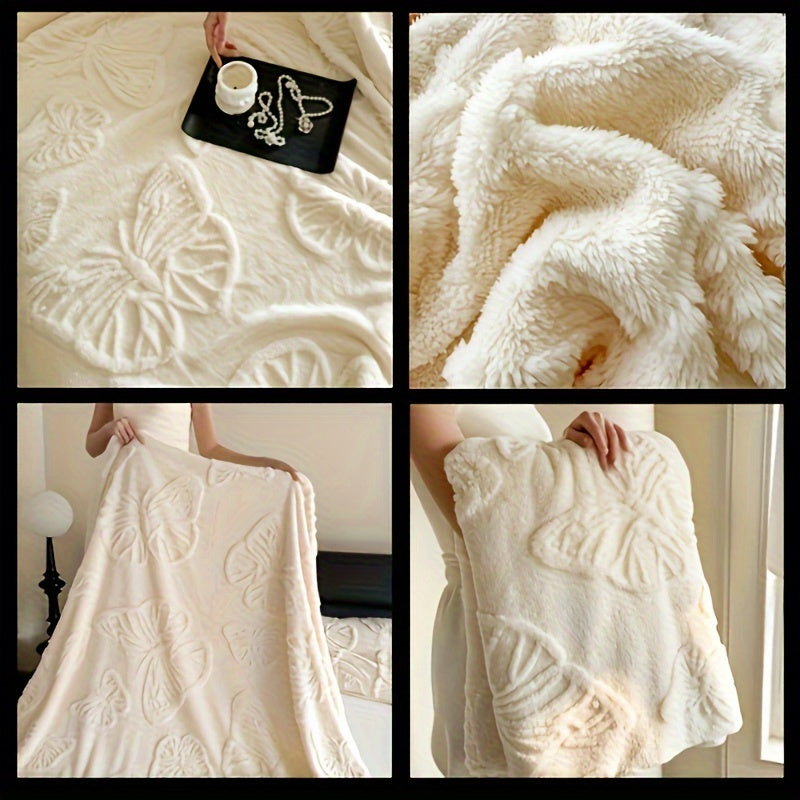 Set of 3 White Velvet Throw Blankets with Butterfly Pattern and Pillowcases