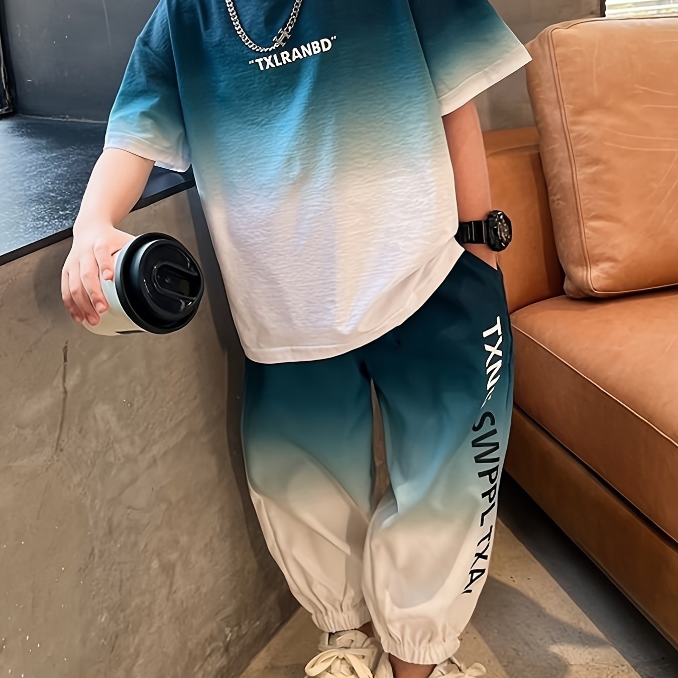 Kids Boys Casual Letter Print Gradient T-Shirt and Joggers Set Summer Lightweight Polyester