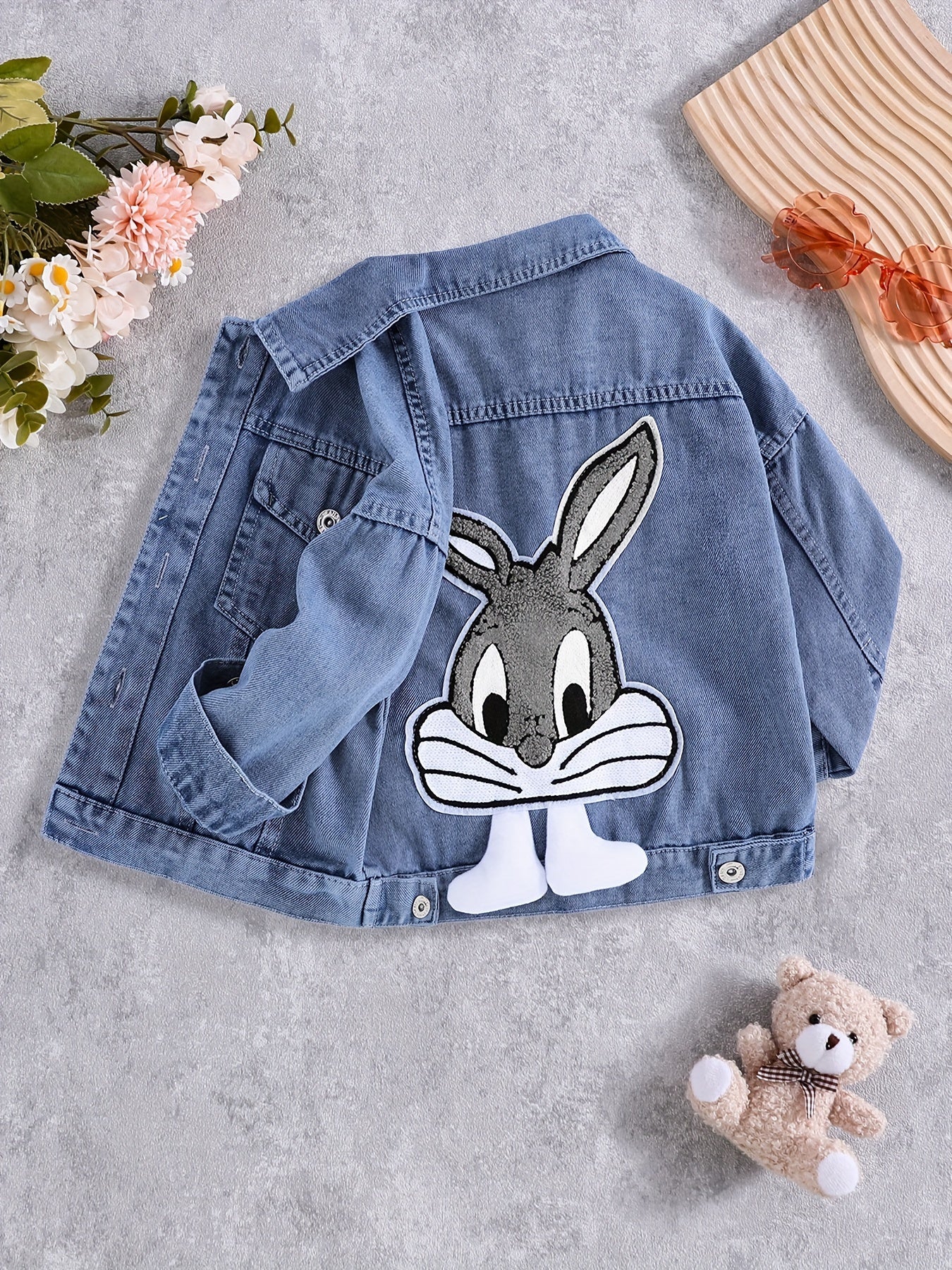 Girls Embroidered Denim Jacket with Rabbit Design Long Sleeve Fall Winter Casual