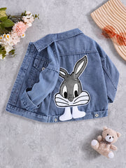 Girls Embroidered Denim Jacket with Rabbit Design Long Sleeve Fall Winter Casual