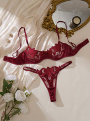 Women's Floral Embroidered Sheer Lingerie Set with Bra and Thong Panty