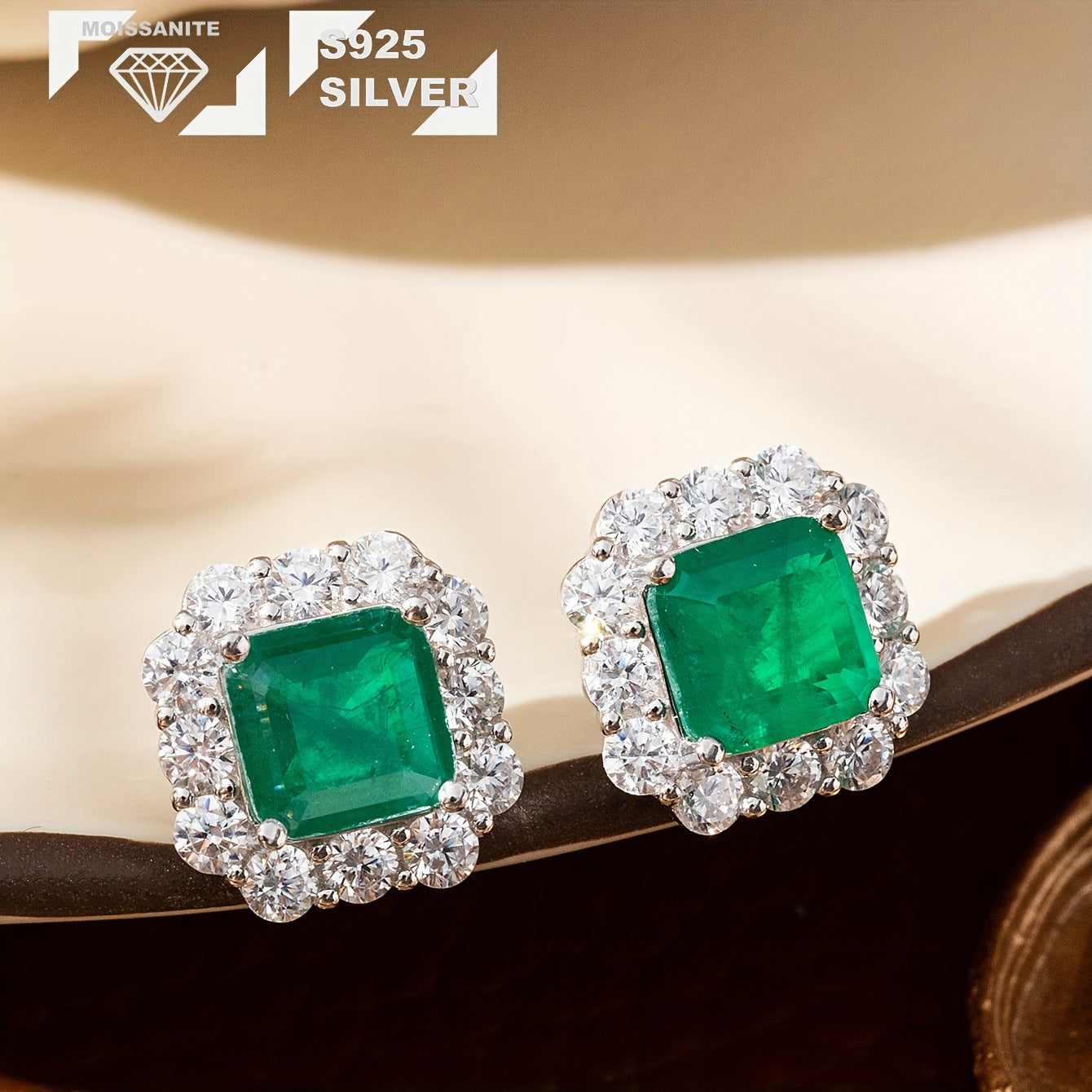 Vintage Silver Earrings with Moissanite and Emerald-Style Synthetic Gemstones