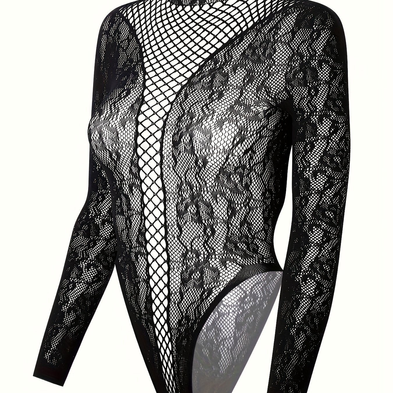 Black Lace Bodysuit for Women with Fishnet Details and High Neck