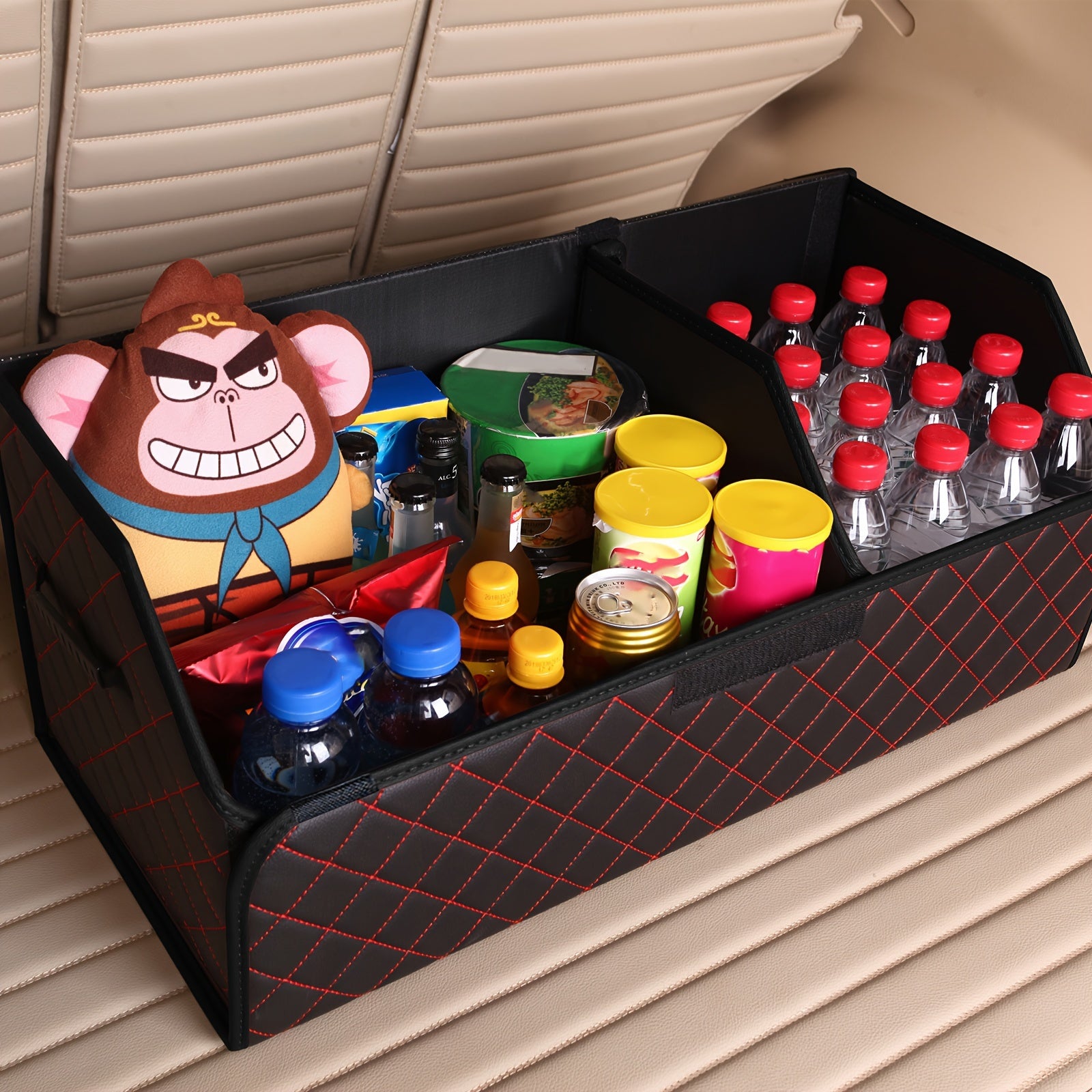 Organizador de maletero de coche plegable de cuero PU con costura de diamantes y acentos rojos para coches, camiones y SUVs