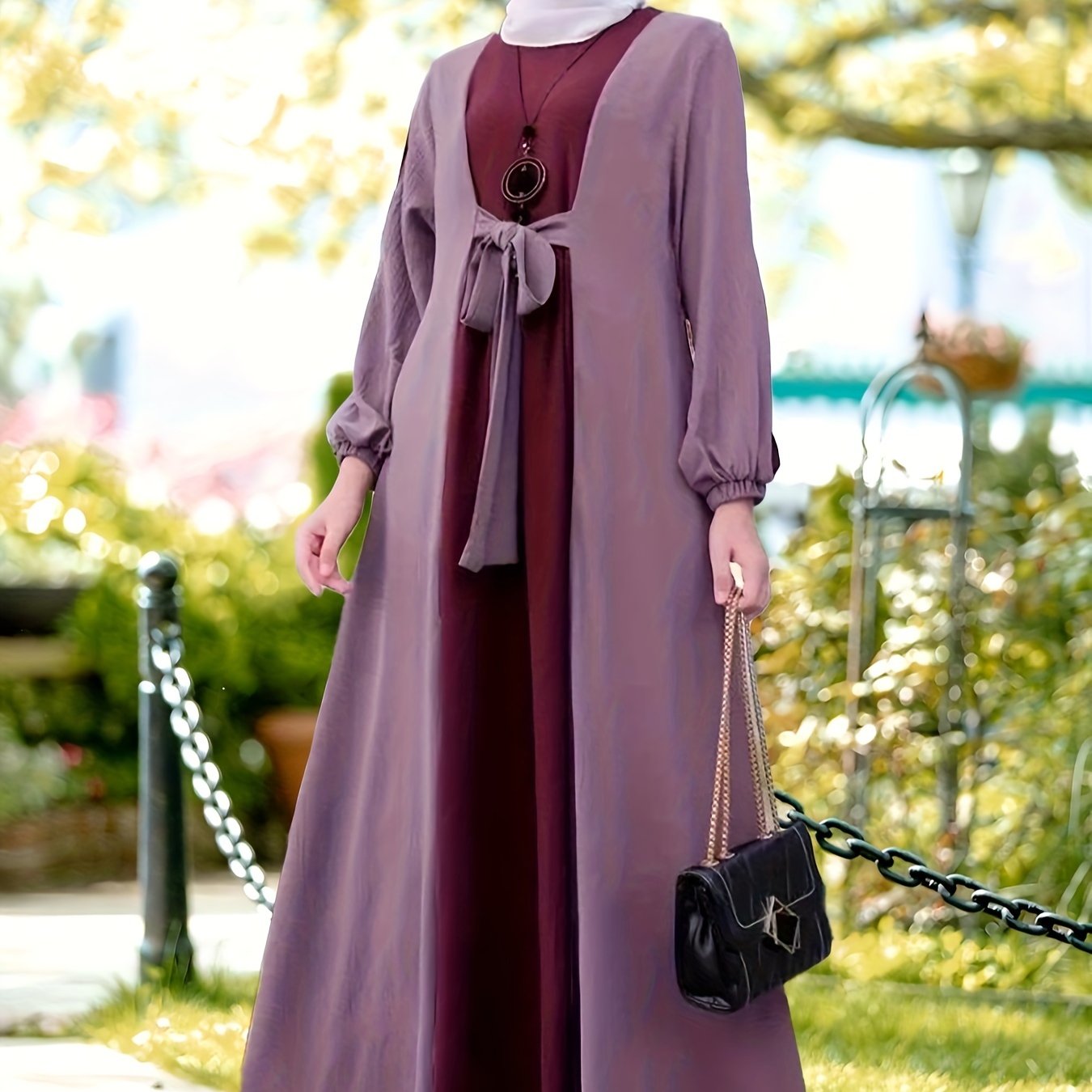 Women's Ramadan Color Block Tie Front Maxi Kaftan Dress Long Sleeve Polyester