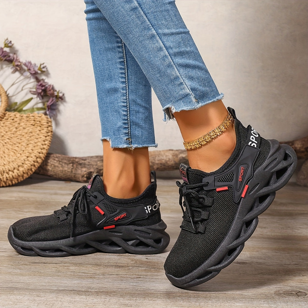 Women's Mesh Running Sneakers, Lightweight Casual Shoes, Red, Breathable
