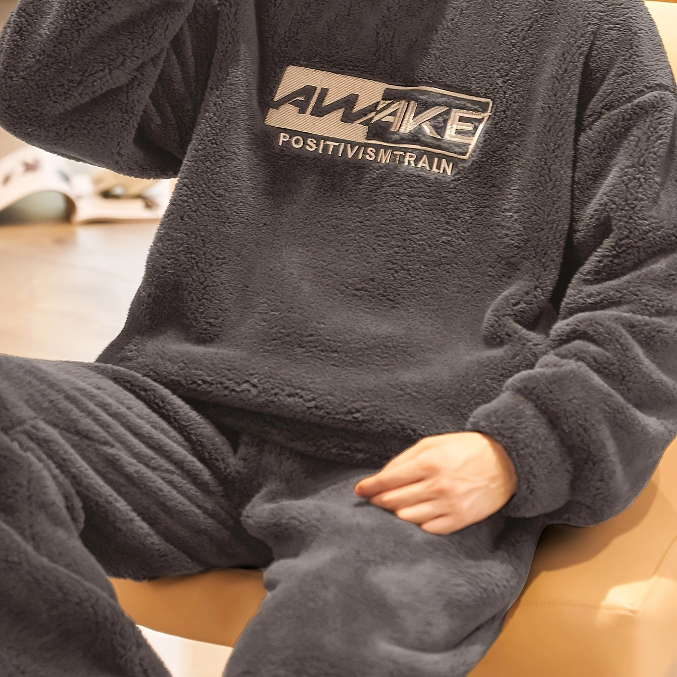 Men's Coral Velvet Pajama Set for Winter with Embroidered Alphabet Pattern