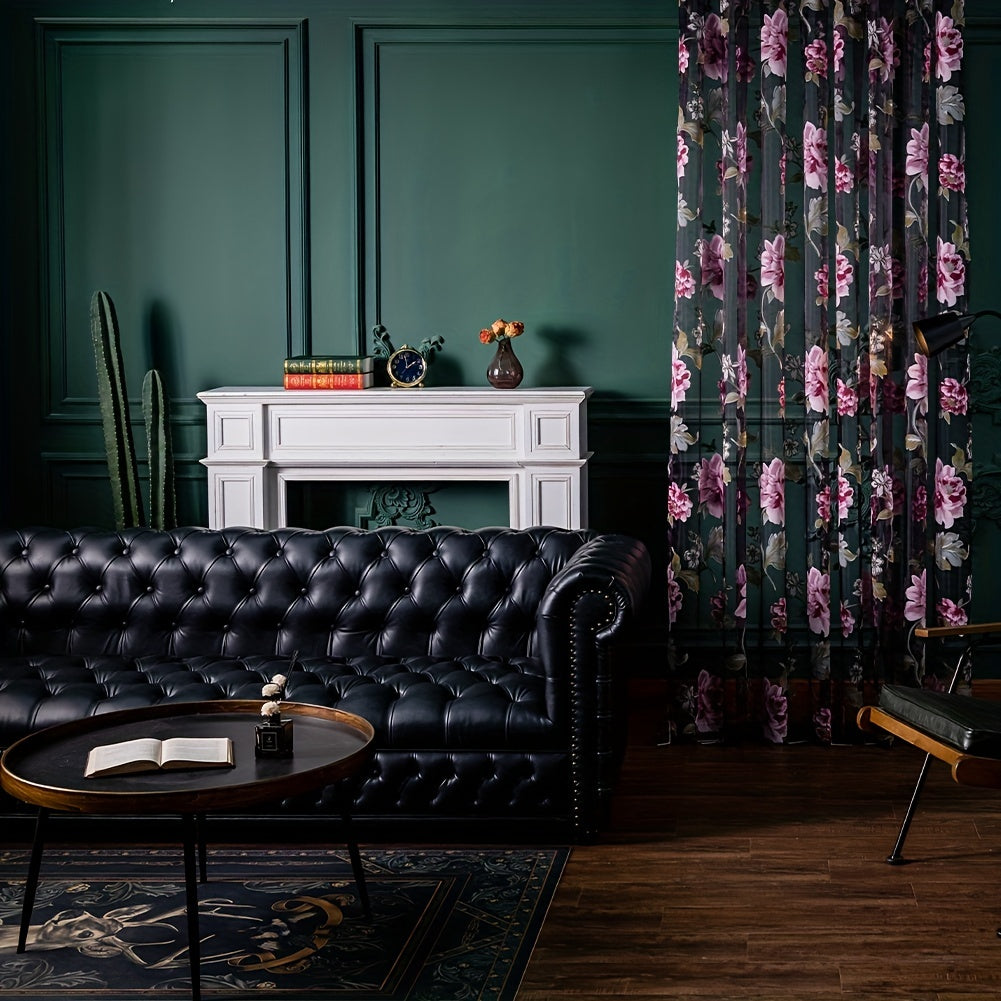 Small Translucent Curtain with Purple Flower Print for Living Room Bedroom Kitchen Bathroom