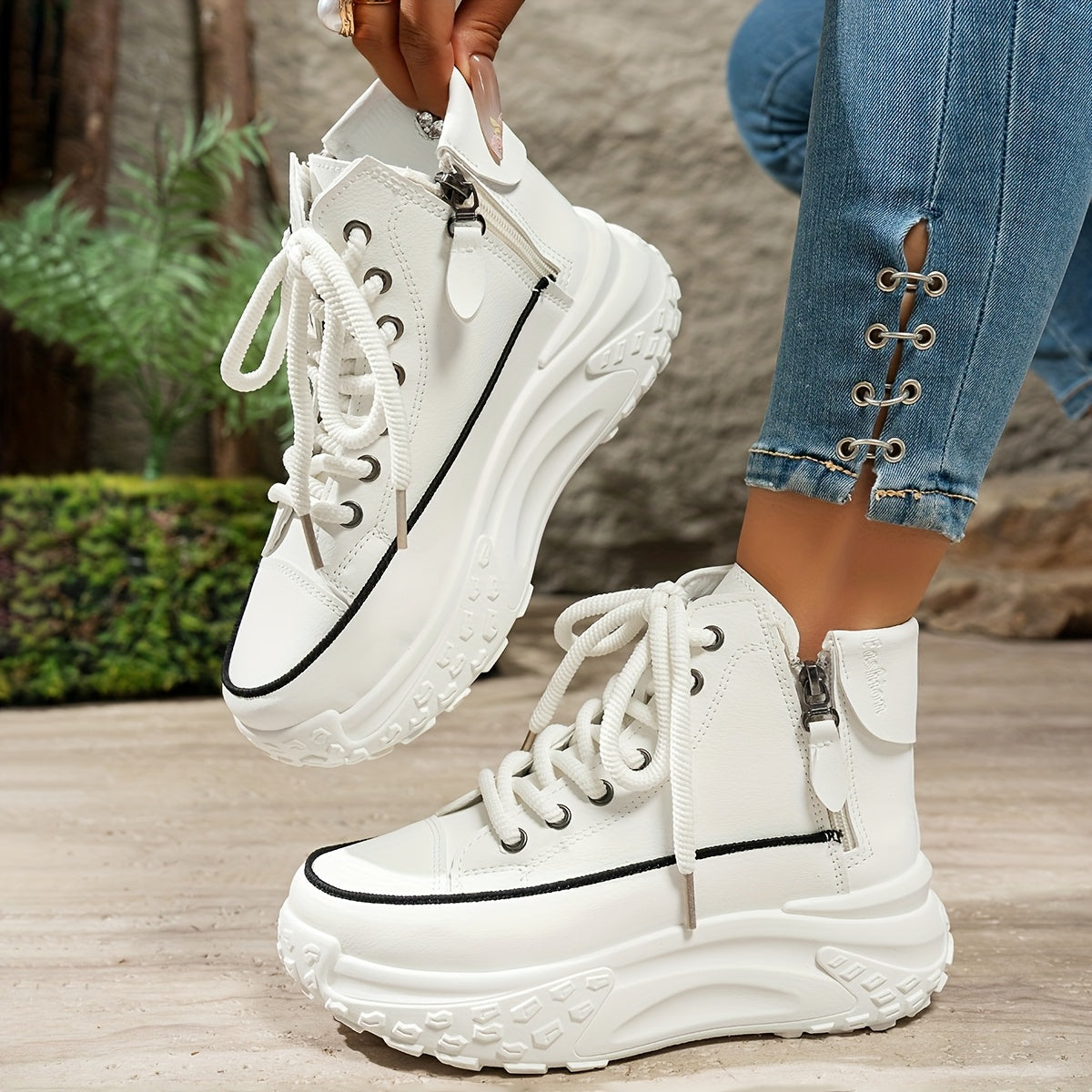 Women's High-Top Platform Sneakers with Rubber Sole Slip-Resistant Beige Black