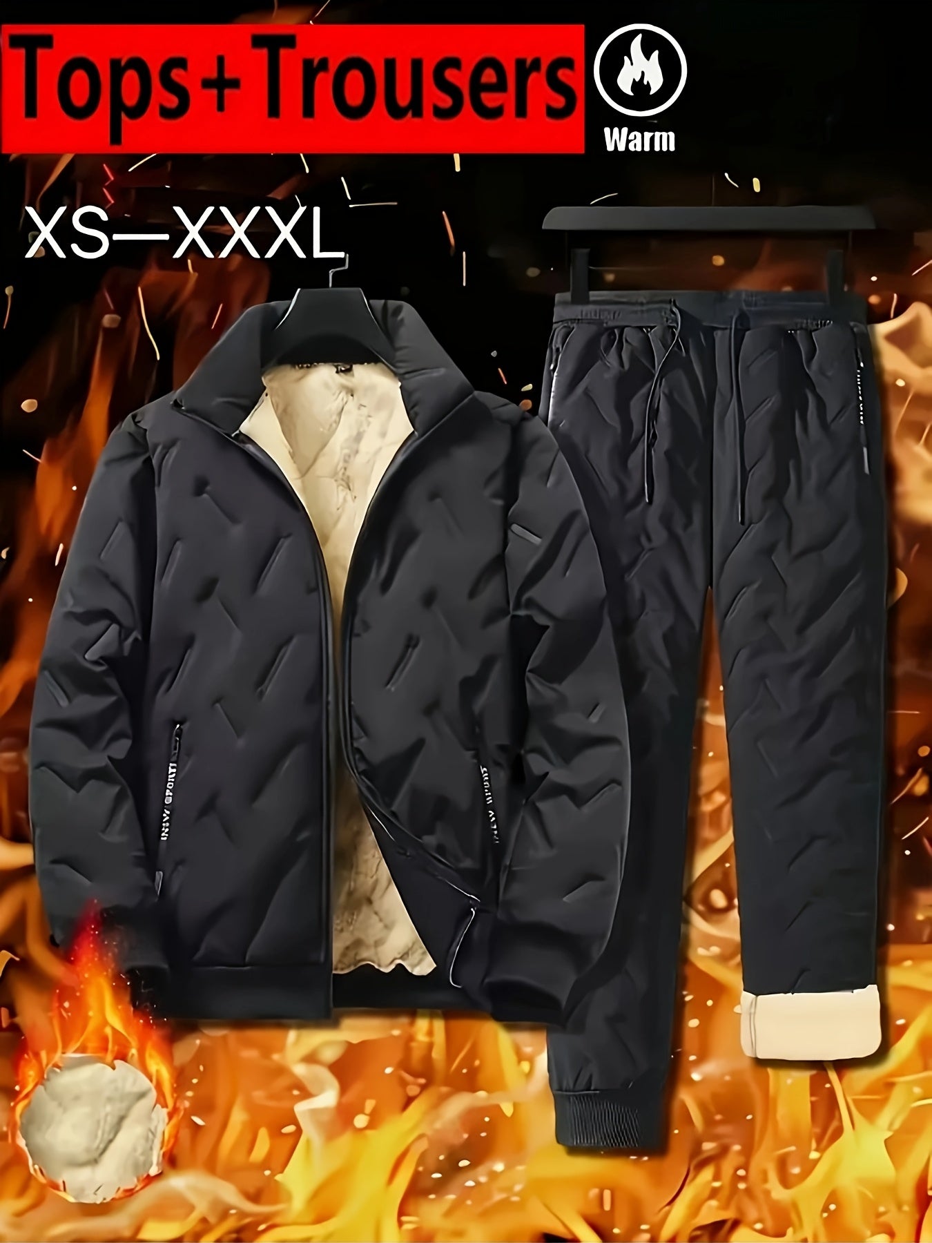 Men's Casual Sportswear Set Polyester Velvet-Lined Stand Collar Zip-Up Jacket Joggers Fall Winter