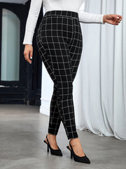 Women Plus Size High Rise Skinny Pants With Grid Print