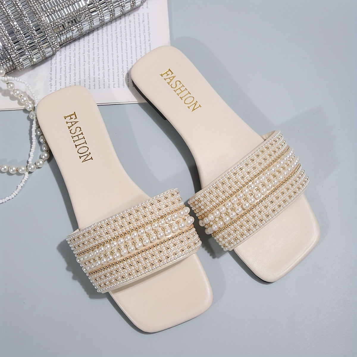 Women's Retro Open Toe Flat Slides Pearl Decoration Summer Lightweight Slippers