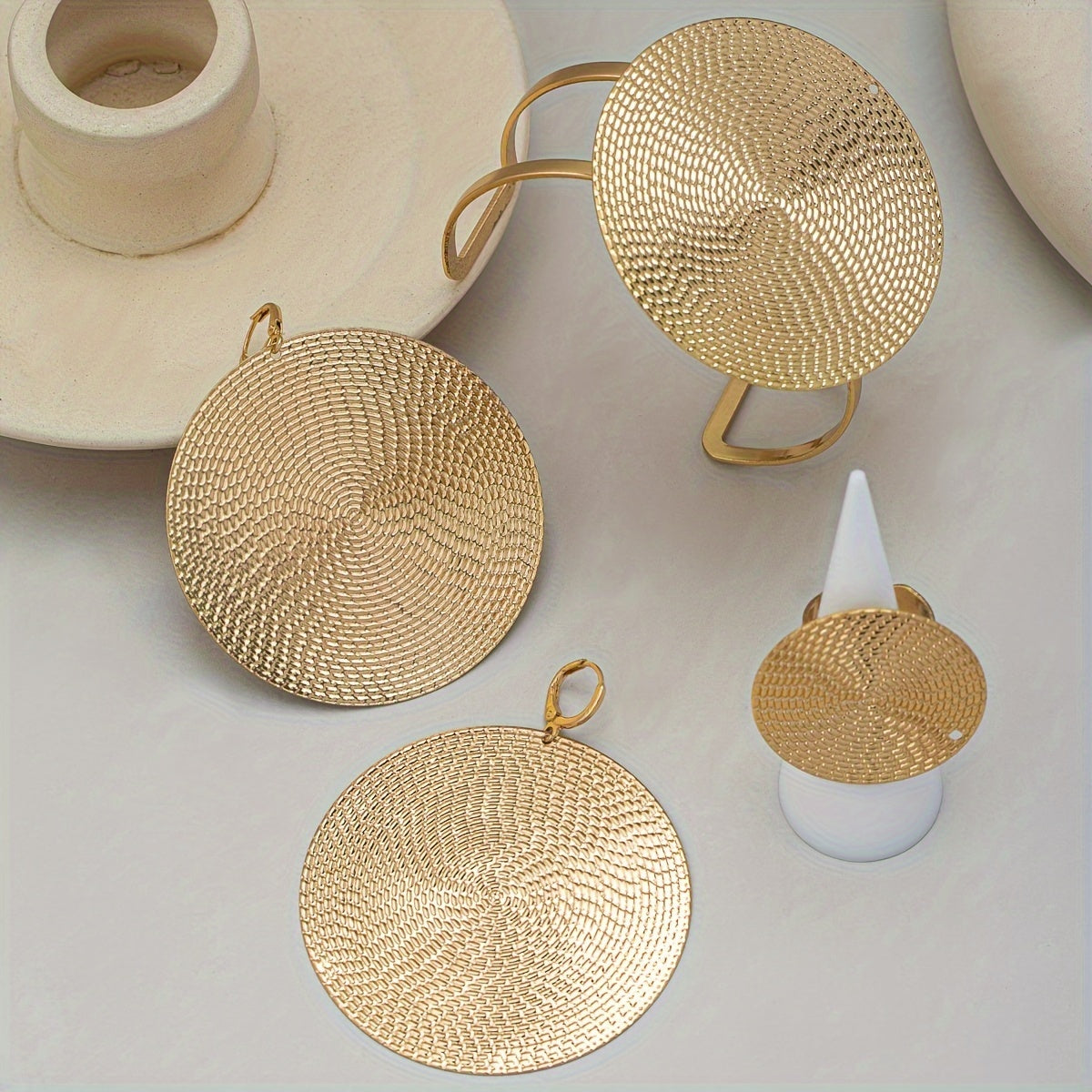 Retro Chic 4-Piece Jewelry Set Oversized Disc Earrings Ring Bracelet Iron Unplated Statement Accessories