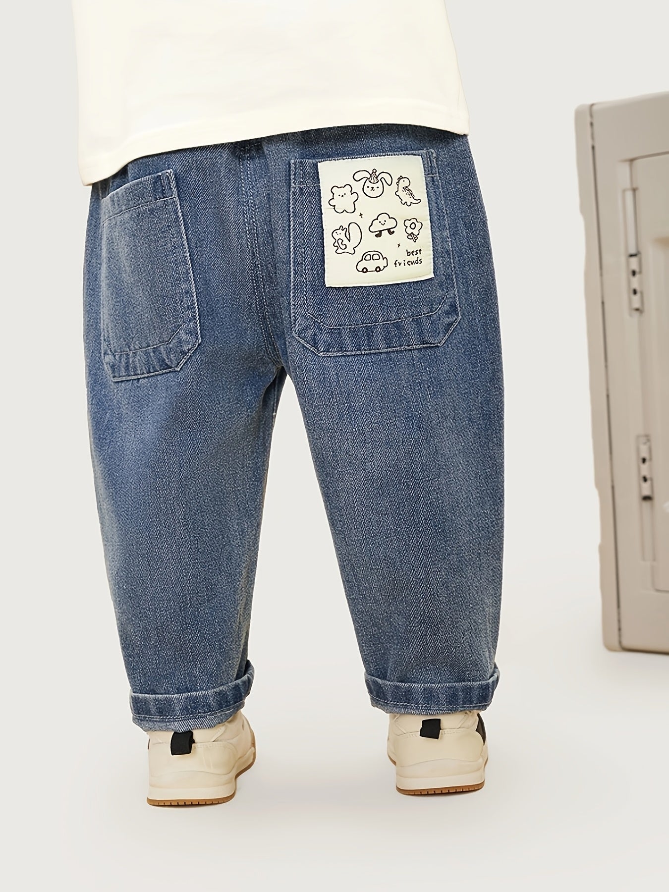 Kids Denim Pants Boys Girls Elastic Waist Casual Spring Autumn Durable Patch Detail