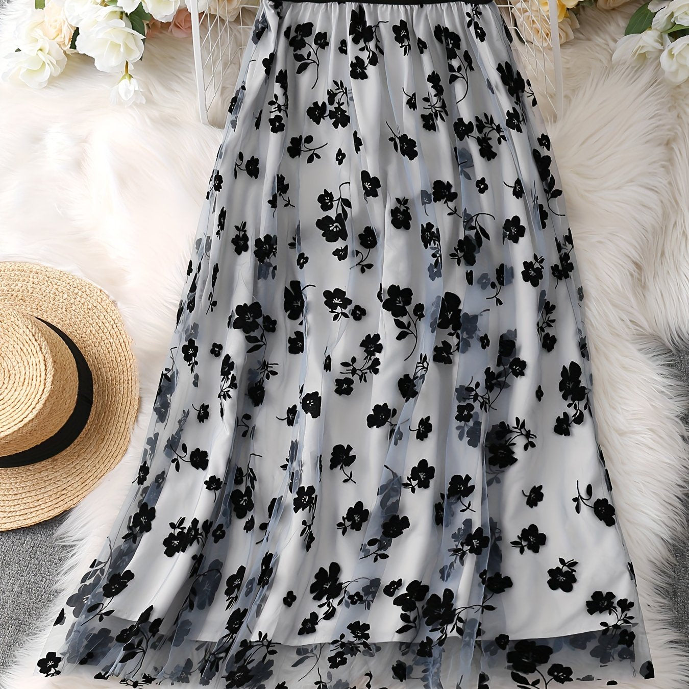 Women's Tulle Skirt with Embroidered Floral Print Regular Length A-Line Casual Style