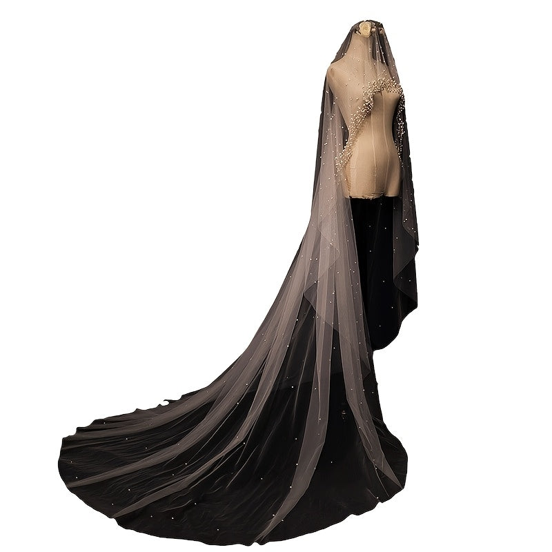 Bridal Veil Long Train Beaded Detail Polyester Wedding Accessory