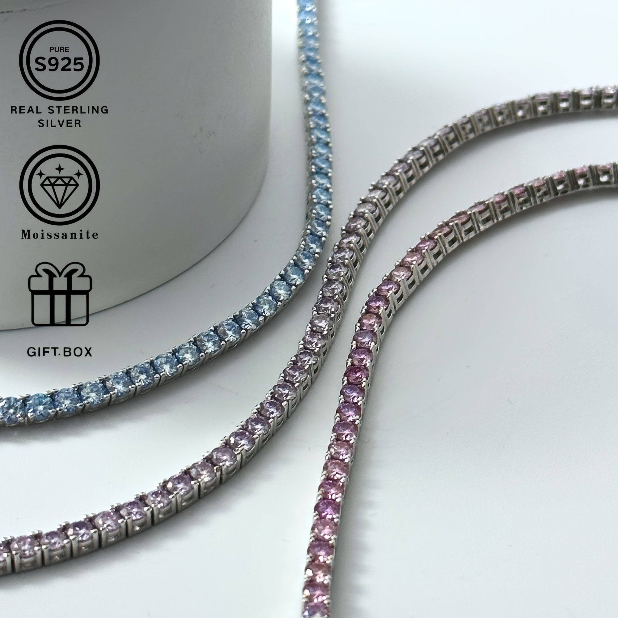 Silver Tennis Bracelet for Women Men Moissanite Pink Purple Blue Jewelry Gift