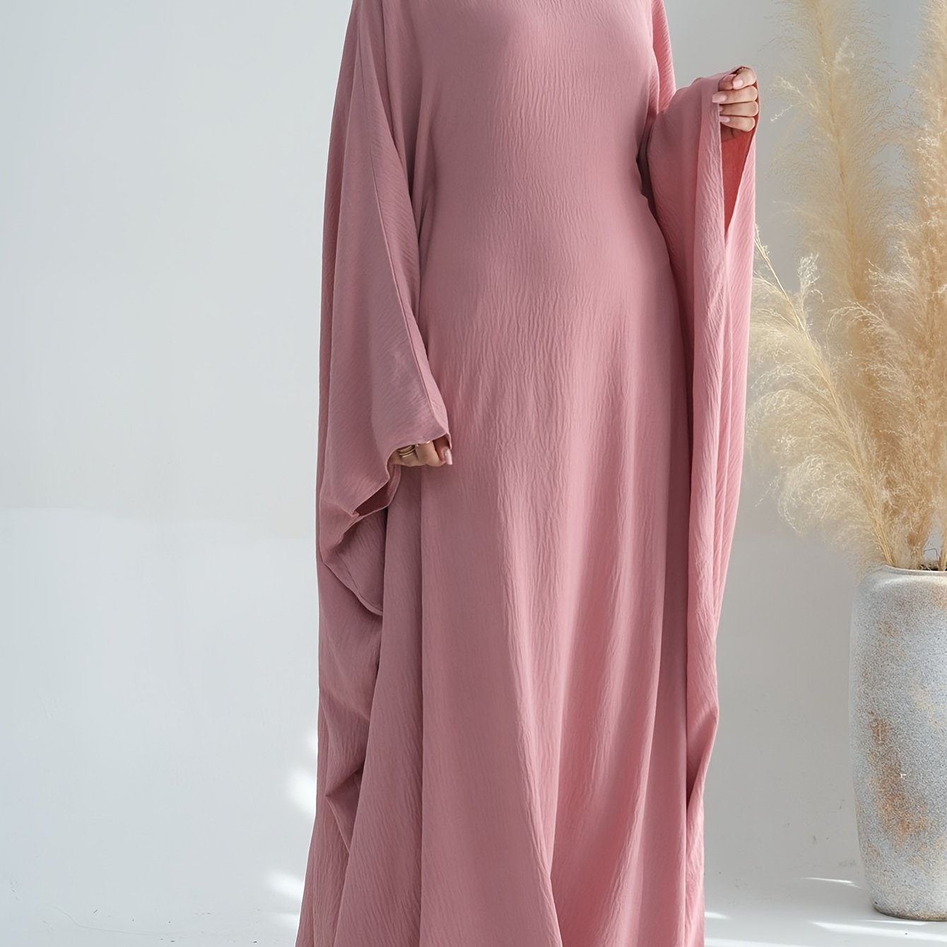 Plus Size Women Abaya Olive Green Polyester Batwing Ruffled Sleeve Dress