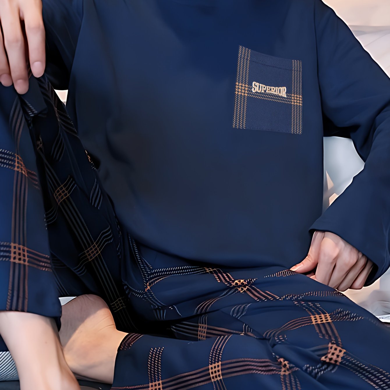 Men's Spring and Autumn Pajama Set Long Sleeve Casual Large Size Polyester Knit