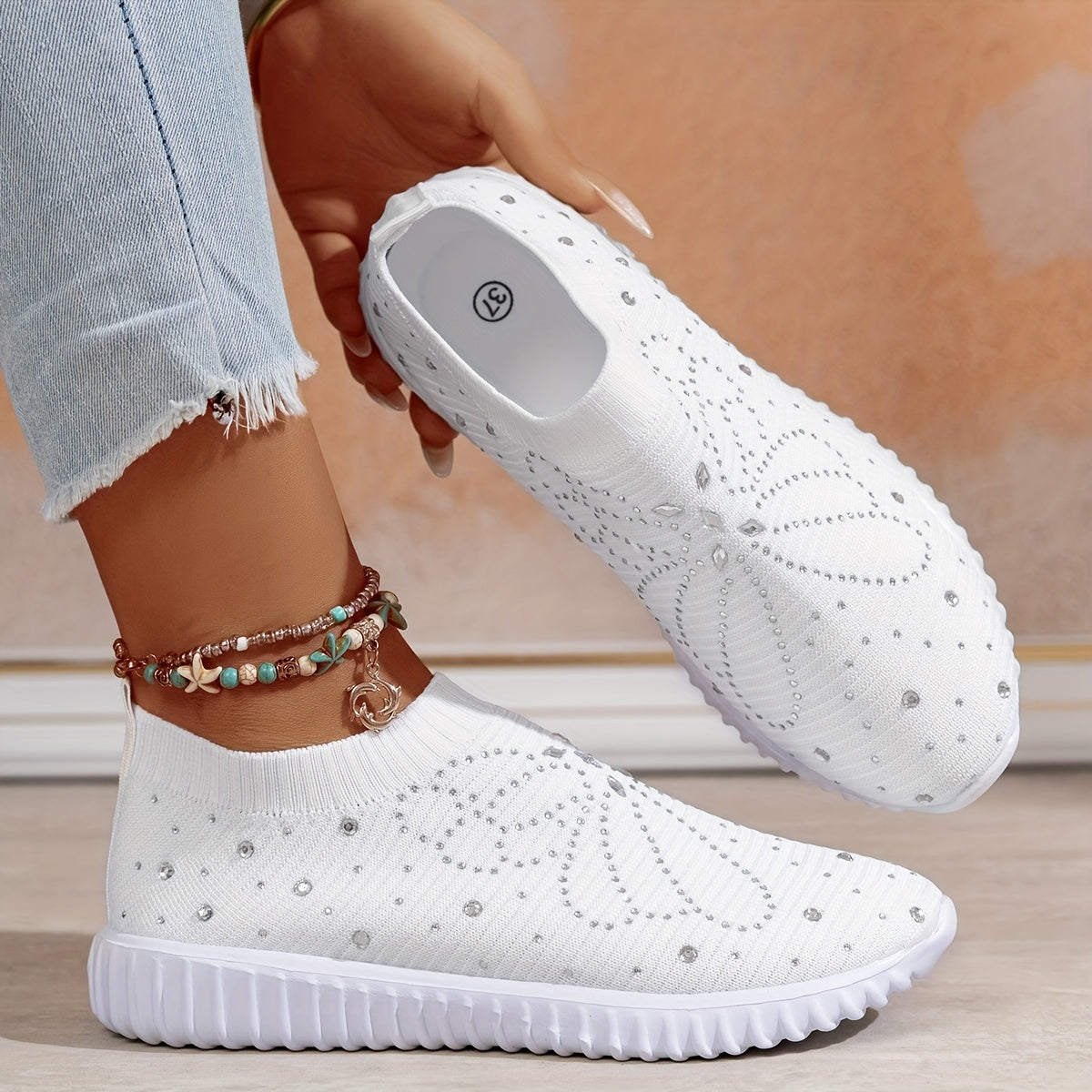 Women's Knit Low-Top Sneakers with Crystals, EVA Sole, Slip-On, All-Season