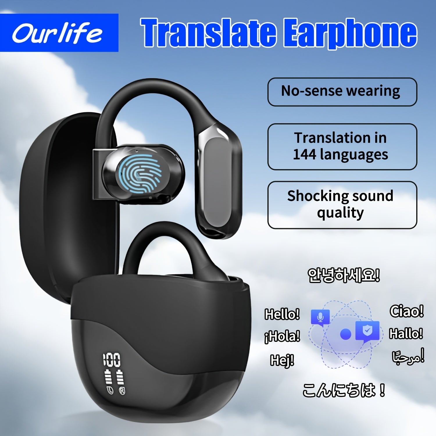 Wireless Earbuds with Noise Cancellation and Real-Time Language Translation in 144 Languages