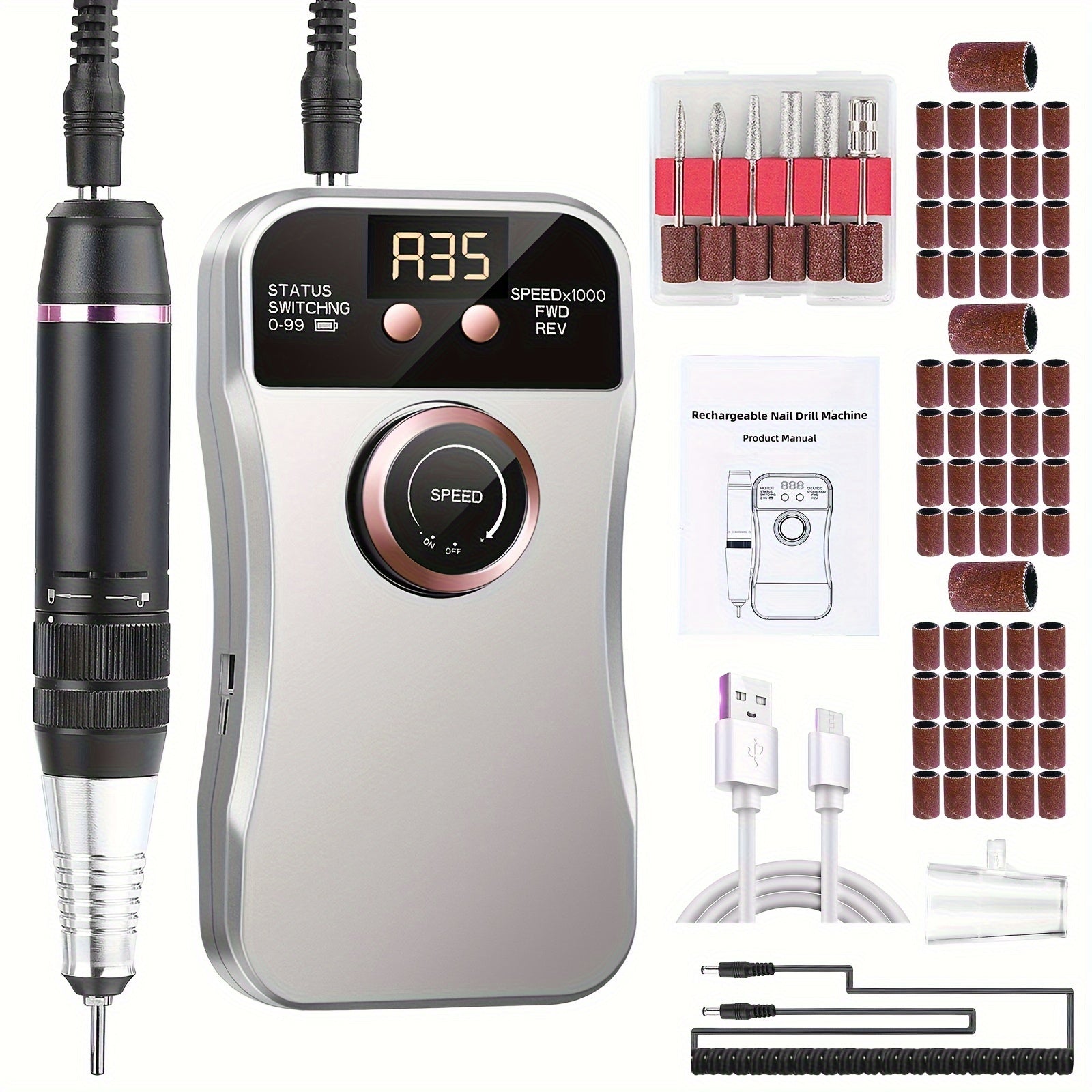 Electric Nail Drill Machine for Acrylic Nails Portable Cordless 35000 RPM Manicure Pedicure Kit